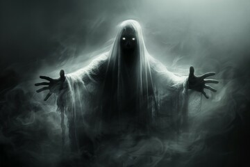 A ghostly figure with glowing eyes is reaching out in the air