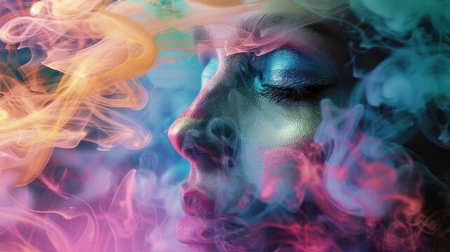 Charming Portrait of a Young Woman Surrounded by Bright Colorful Smoke.