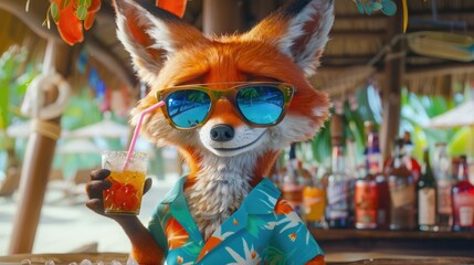 Cartoon fox drinking a cocktail at a beach bar in bright T-shirt and sunglasses. Summer vacation, mood. bright Illustration