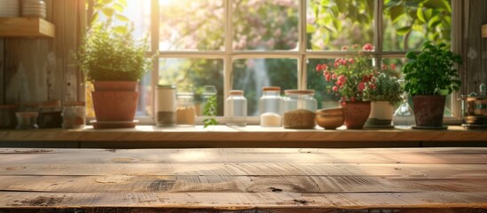 Wooden table placed on a blurred kitchen windowsill for showcasing products.
