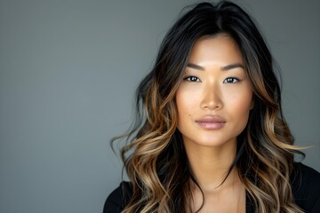 Fototapeta premium Woman with balayage ombre hair dye showcasing a seamless blend from dark roots to light ends. Concept Hair color trends, Balayage techniques, Ombre styles, Seamless blends, Dark roots to light ends