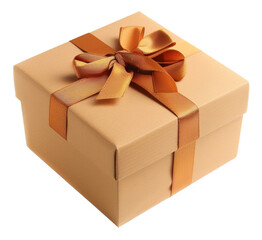 Ornate orange gift box with golden ribbon and bow, cut out - stock png.