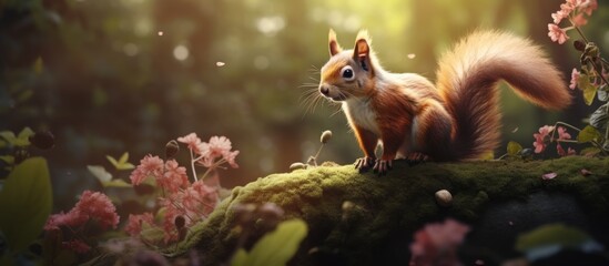A furry squirrel with a bushy tail is perched on a tree branch in a lush forest. The rodents sharp snout is sniffing the air, surrounded by terrestrial plants and grass - obrazy, fototapety, plakaty