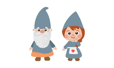 Valentine’s Day or Christmas vector illustration. Cute blue garden couple gnome on white background for graphic designer create artwork, card, brochure for various invitations or greetings