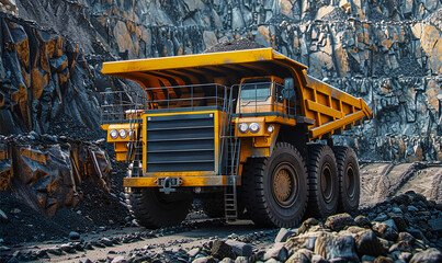 Big yellow truck working in large quarry