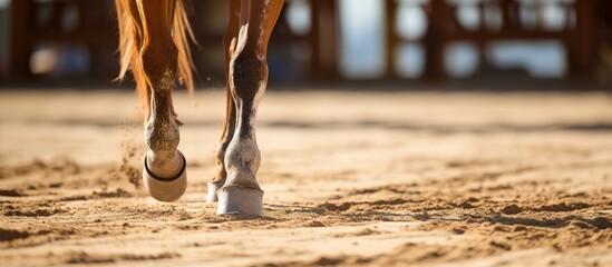 An upclose shot of a horses legs moving on the soil, resembling the elegance of hardwood flooring. The contrast between the soft ground and the sturdy legs creates a captivating event - obrazy, fototapety, plakaty