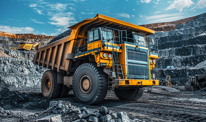 Mining truck at quarry, big yellow vehicle