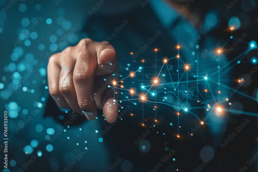 Aufkleber a man is pointing at a computer screen with a blue background
