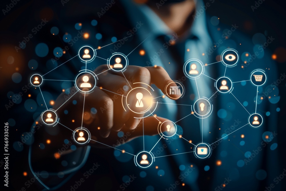 Poster a man is pointing at a network of people on a computer screen