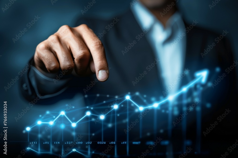 Poster a man in a suit is pointing at a graph with a blue arrow