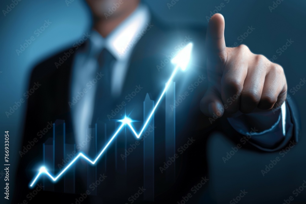 Poster a man in a suit is pointing to a graph that shows a rising line