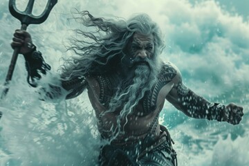 A man with long hair and a trident is running through the water - obrazy, fototapety, plakaty