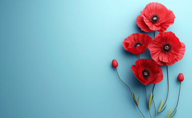 Red poppy flowers on blue background.