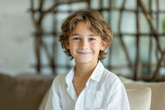 A young boy is sitting on a couch and smiling for the camera