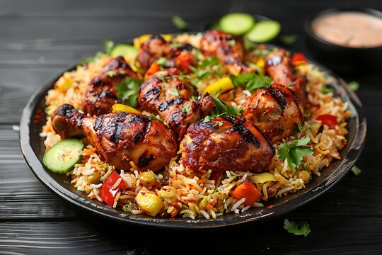 Front view dish of a plate of chicken mandi rice decorated with biryani rice with grilled chicken with vegetables on a black wooden background.