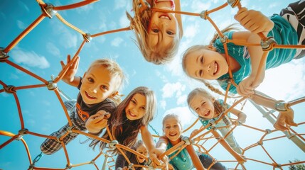 A group of young girls enjoying leisure time on a playground, having fun under the sky and sharing moments of art and recreation in the city. AIG41 - obrazy, fototapety, plakaty