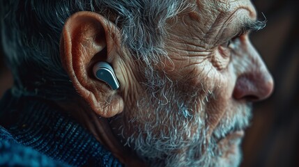 Lovely old person's hearing aid-equipped ear over a dark backdrop aging male and space, Generative AI.