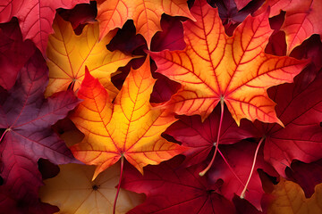 Fall Spectacle: A Close-Up of Sun-Kissed Autumnal Maple Leaves Embodied with Vivid Colors