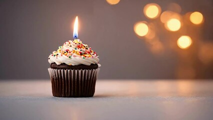 Birthday cupcake with lighted candle on top 4k Video. Happy birthday cake background - Powered by Adobe