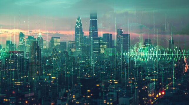 A futuristic 3D representation of a cityscape overlaid with digital sound waves, suggesting a metropolis pulsating with digital communication and data flow. The image conveys a blend of urban life