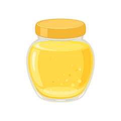 Honey in glass jar with cap. Vector cartoon flat icon of organic sweets. Healthy food illustration.
