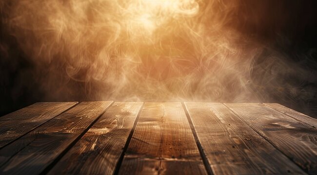 wooden table background with smoke
