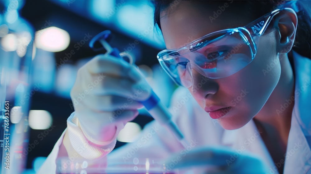Poster compelling 3d image capturing a scientist meticulously conducting biomedical research with a pipette