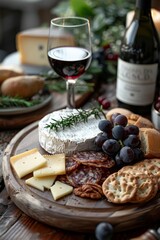 Cheese plate with different types of cheese on a wooden plate with a glass of red wine