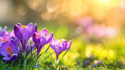 Gordijnen Purple Blooming Crocus Flowers on Bright Spring Background, AI generated image. © abdul kahfi