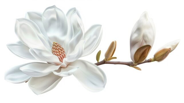photo of a blooming Magnolia flower with white petals on an AI generated image with a white background.