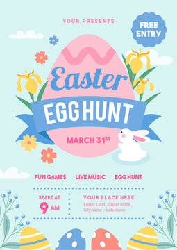 Easter egg hunt invitation poster vector illustration. Colorful Easter eggs and spring flowers