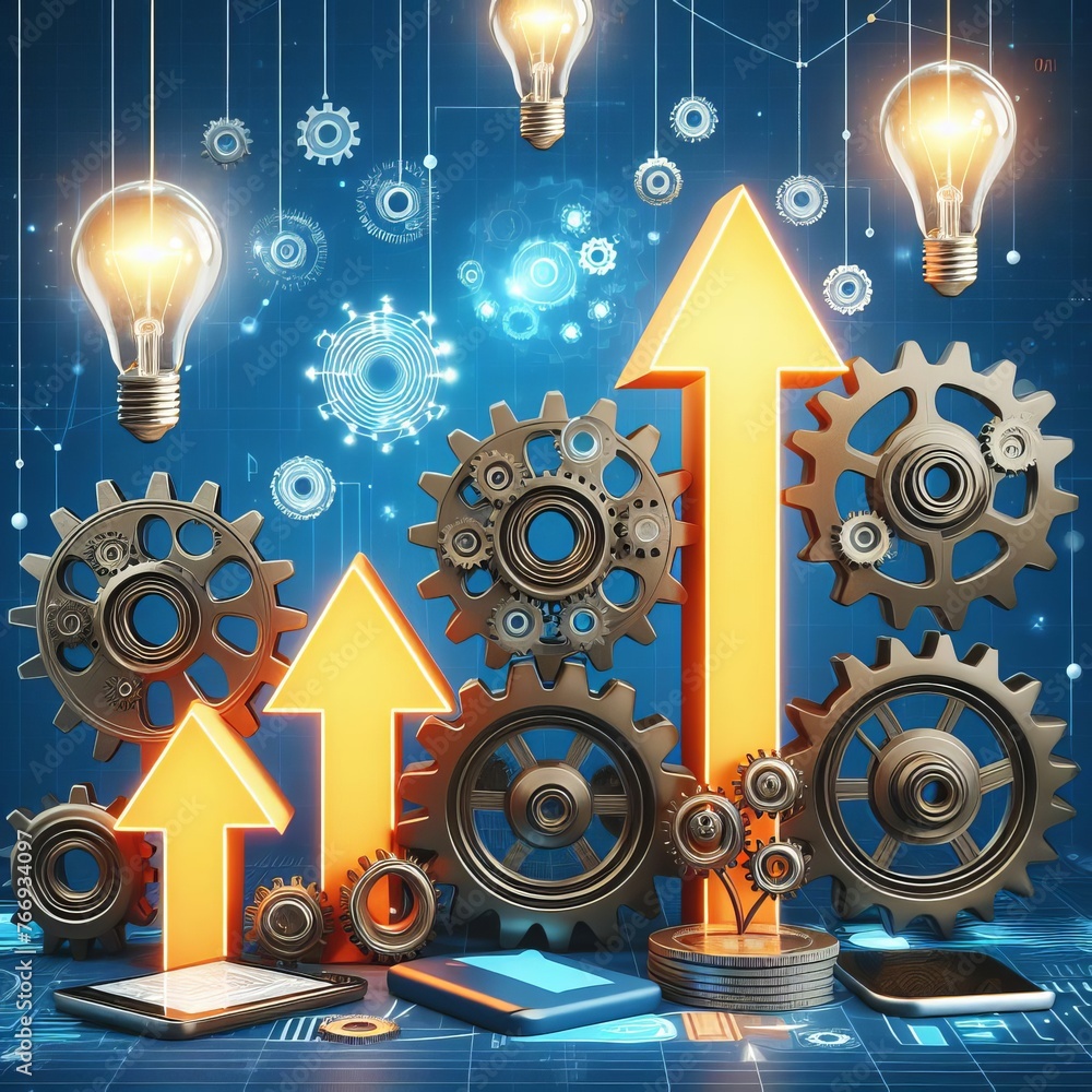 Poster digital artwork featuring gears and arrows portraying growth concepts alongside technological elemen