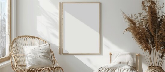 Empty picture frame mockup on a white wall, featuring artwork in interior design within a modern boho-style space with a poster template.