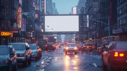 Billboard mockup. Urban scene at dusk with vehicles on the road under a large blank billboard perfect for advertisement, surrounded by city lights and commercial signage. - obrazy, fototapety, plakaty