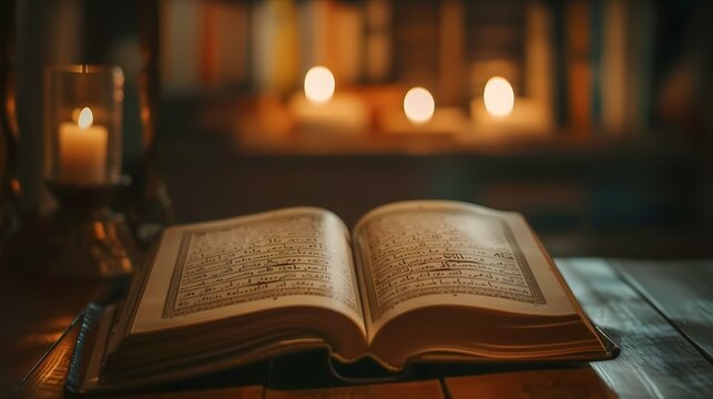 Soft-focus image of a Quran open to a specific verse, with the words "Ramadan Mubarak" softly written in the background.