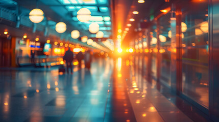 Fototapeta na wymiar Warm-toned blurry view of people at an airport departure gate, conveying travel and motion