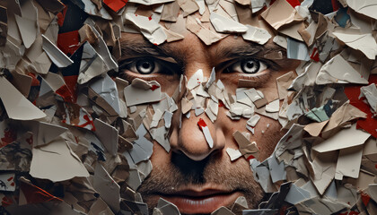 A man's face is covered in paper, giving it a disheveled and chaotic appearance