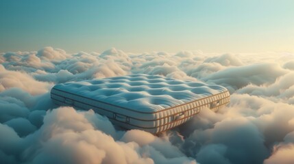 A serene and dreamlike 3D animation that displays a plush mattress floating amidst a tranquil sea of clouds under a soft, glowing sky, invoking feelings of comfort, peace, and restfulness. - obrazy, fototapety, plakaty