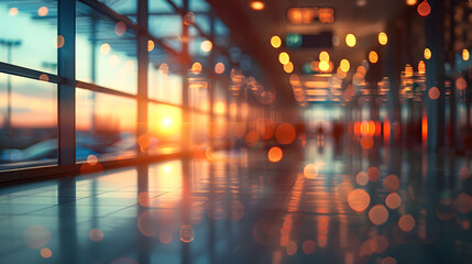 Warm-toned blurry view of people at an airport departure gate, conveying travel and motion