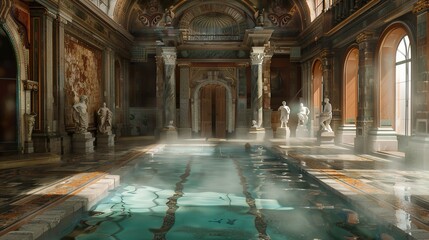 An opulent bathhouse adorned with marble statues and intricate tile work, steam rising from the...