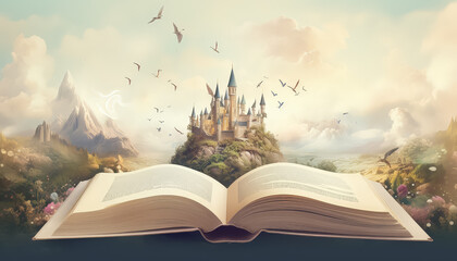 A book is open to a page with a castle and a moon