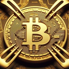 A golden Bitcoin is encircled by silver forks, suggesting a protective or possibly restrictive financial ecosystem. The symmetrical arrangement hints at stability and order within the volatile crypto