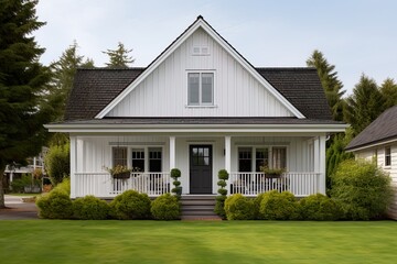 Classic wooden country house. Sunny day, cozy countryside, classic exterior.