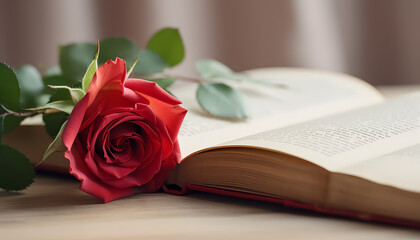 A red rose is placed on top of an open book