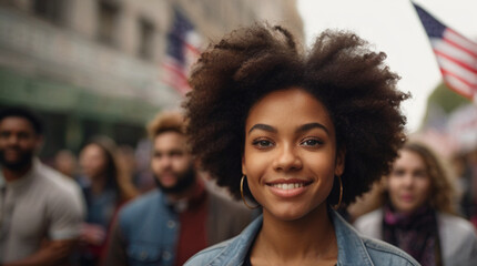 Portrait of beautiful Afro American young woman in front of american flag on the street in the crowd of protestors. - obrazy, fototapety, plakaty