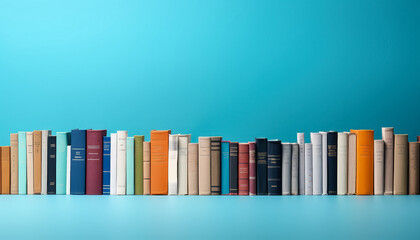 A row of books on a shelf with a blue background