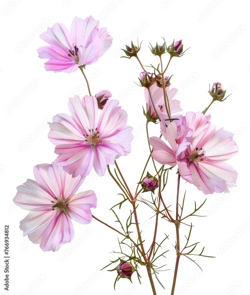 Wall mural pink cosmos flowers with delicate petals, cut out - stock png.