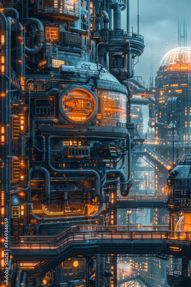 Poster a detailed view of a futuristic city at night. the image showcases towering structures with illumina