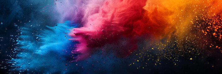  colorful rainbow holi paint color powder explosion isolated on black background. Generative AI