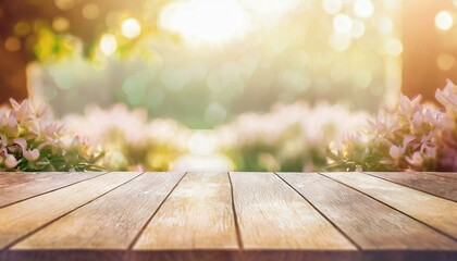 Naklejka na ściany i meble Spring beautiful background, wooden table, nature, warm sunlight, outdoor garden, greenary, flowering branches.